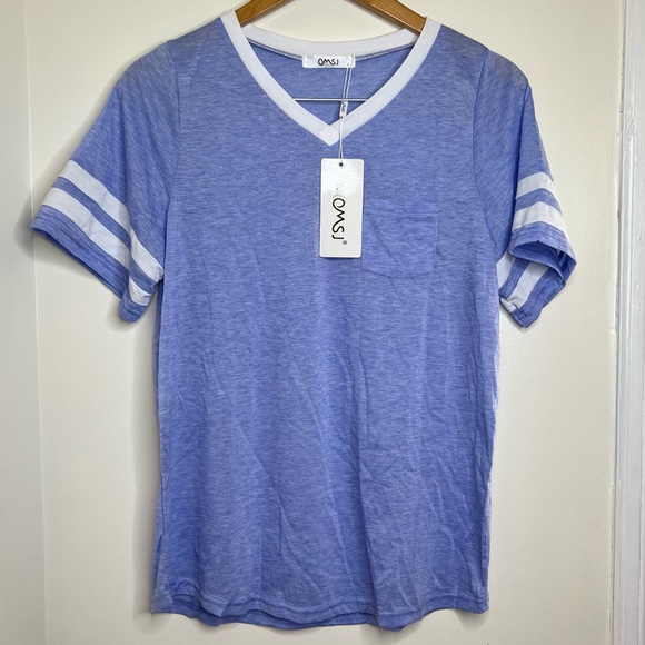 Lightweight V Neck T Shirt One chest pocket blue white trim Size large NEW - Picture 3 of 10